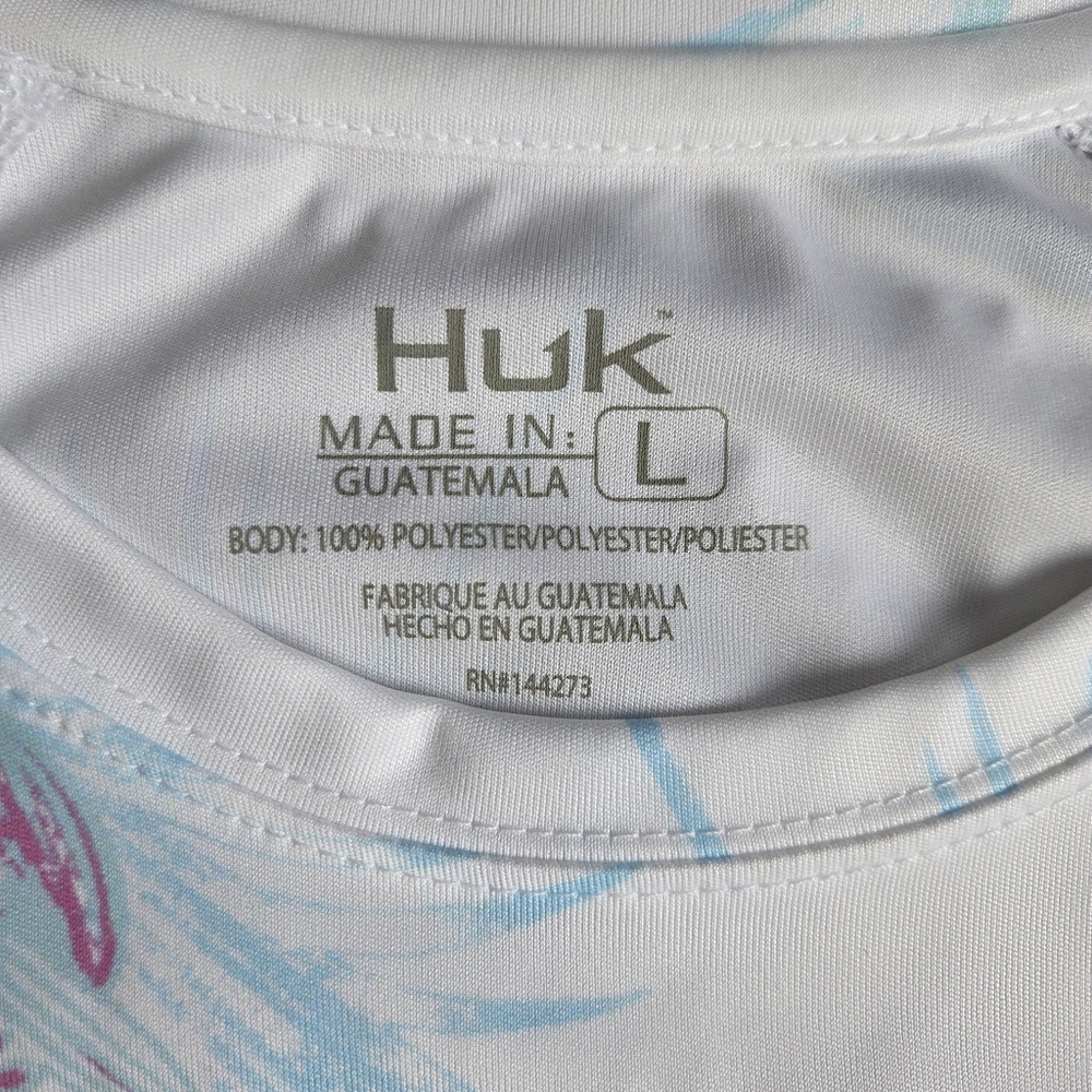 Huk Fishing Shirt Women Large Pursuit Boca Palm Long Sleeve UPF 50+ White Blue - Picture 3 of 6